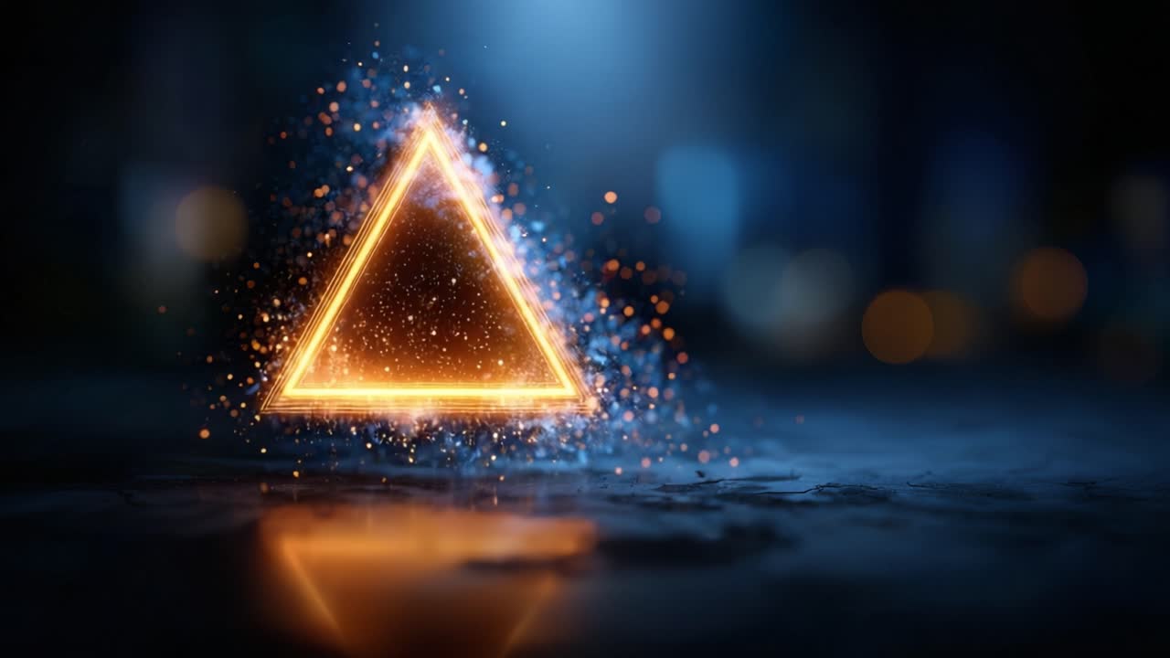 Un affascinante triangolo dorato con particelle scintillanti illuminate su uno sfondo scuro, che crea un effetto visivo ipnotico in una scena dinamica