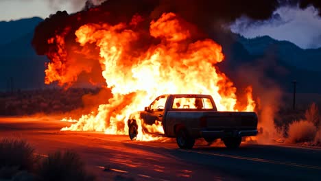 a truck is engulfed by flames on the side of the road