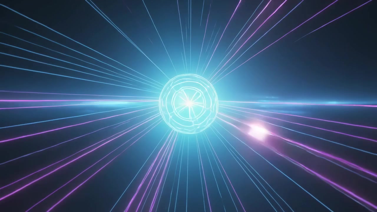 Nucleo pulsante che reagisce a strisce magenta, emettendo linee ciano in un vuoto oscuro, bagliore blu orizzontale.