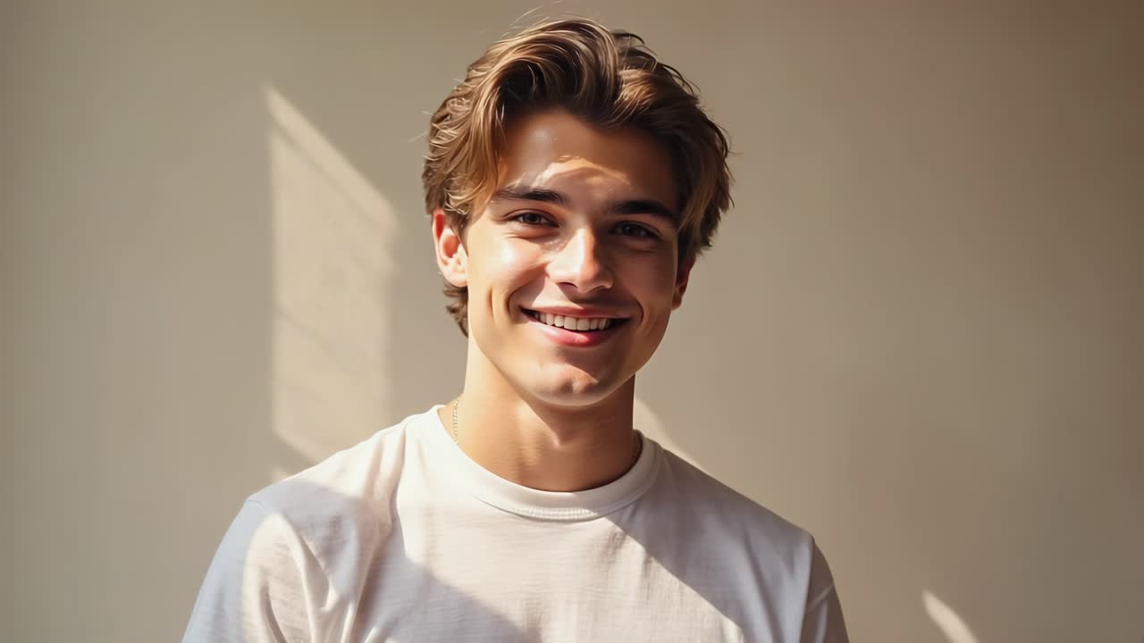 Portrait of a cheerful young man with medium length blond hair, wearing a white t shirt, smiling at the camera in a series of photos taken in natural light