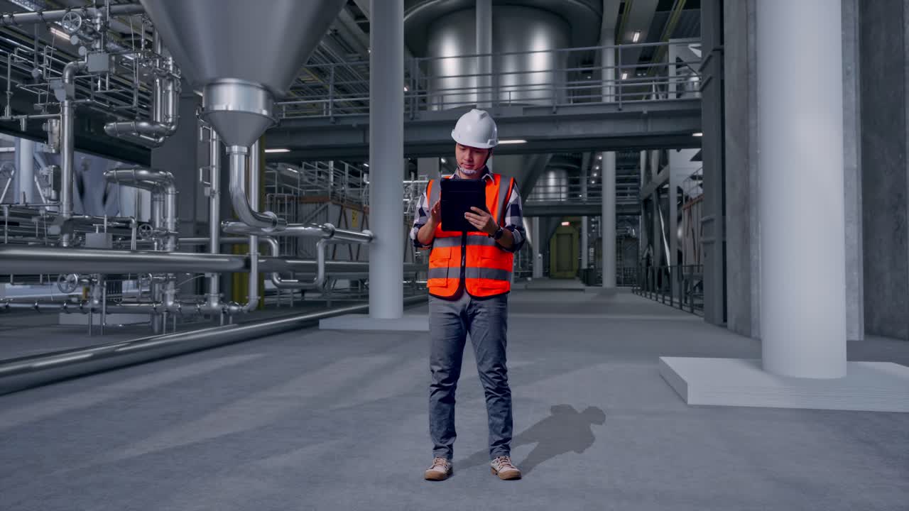 Ganzkörperansicht eines asiatischen Ingenieurs mit Schutzhelm, der an einem Tablet arbeitet, während er in einer Brennerei mit Gärbehältern steht.