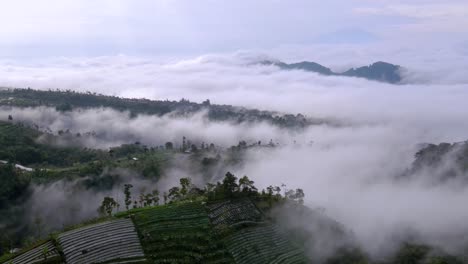 Overhead-aerial-view-of-terraced-hill,-mountains-covered-in-low-clouds