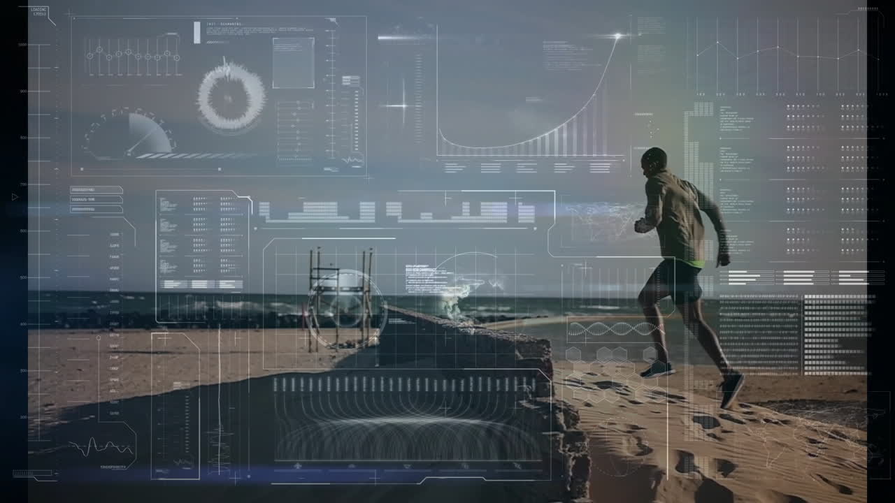 Animation of data processing and globe over biracial man running at beach