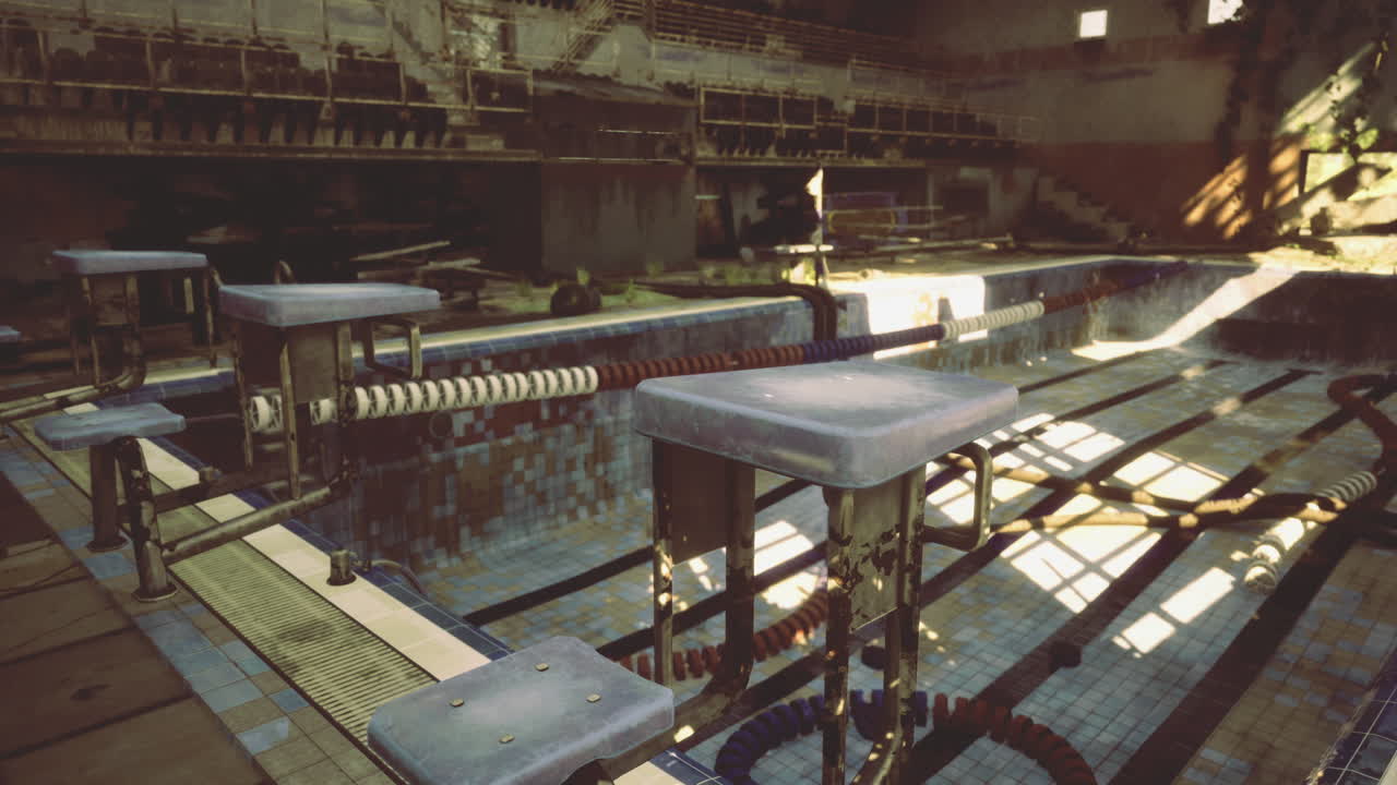 Old abandoned pool with deteriorating structure and faded tiles