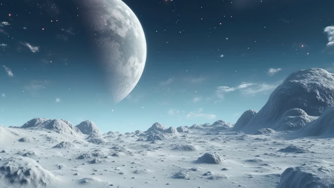 A cinematic video still of a snowy alien landscape with a distant planet
