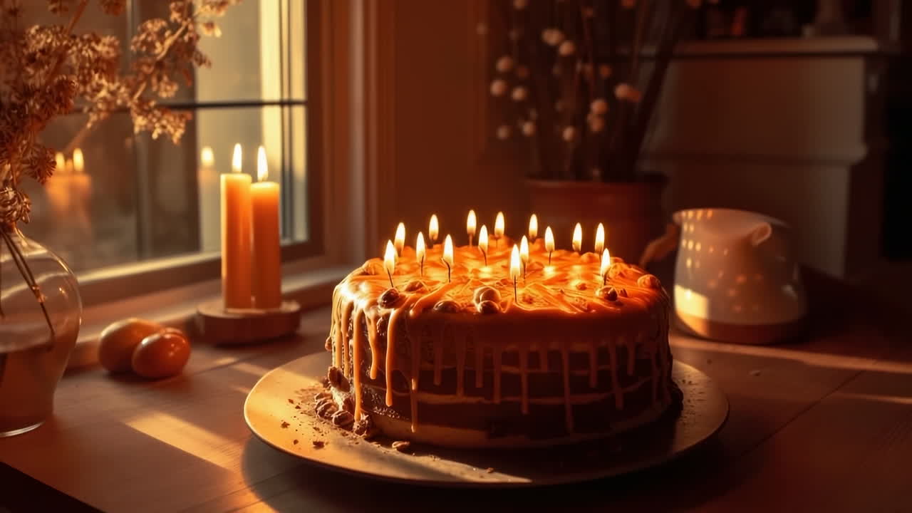 Birthday Cake with Lit Candles in Warm Light