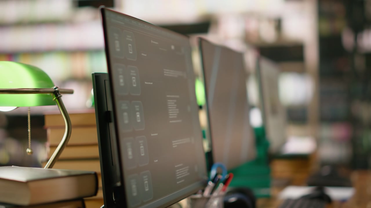 Digitala läroskärmar på datorskärmar placerade på en studieplats i biblioteket