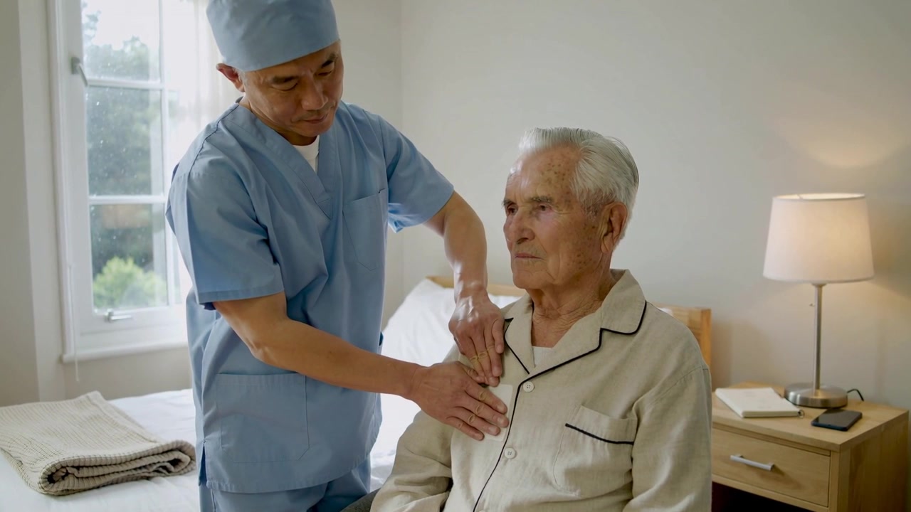 Verificando tórax durante consulta de rotina, enfermeira de uniforme pressiona pijama ao lado da cama, espaço para texto