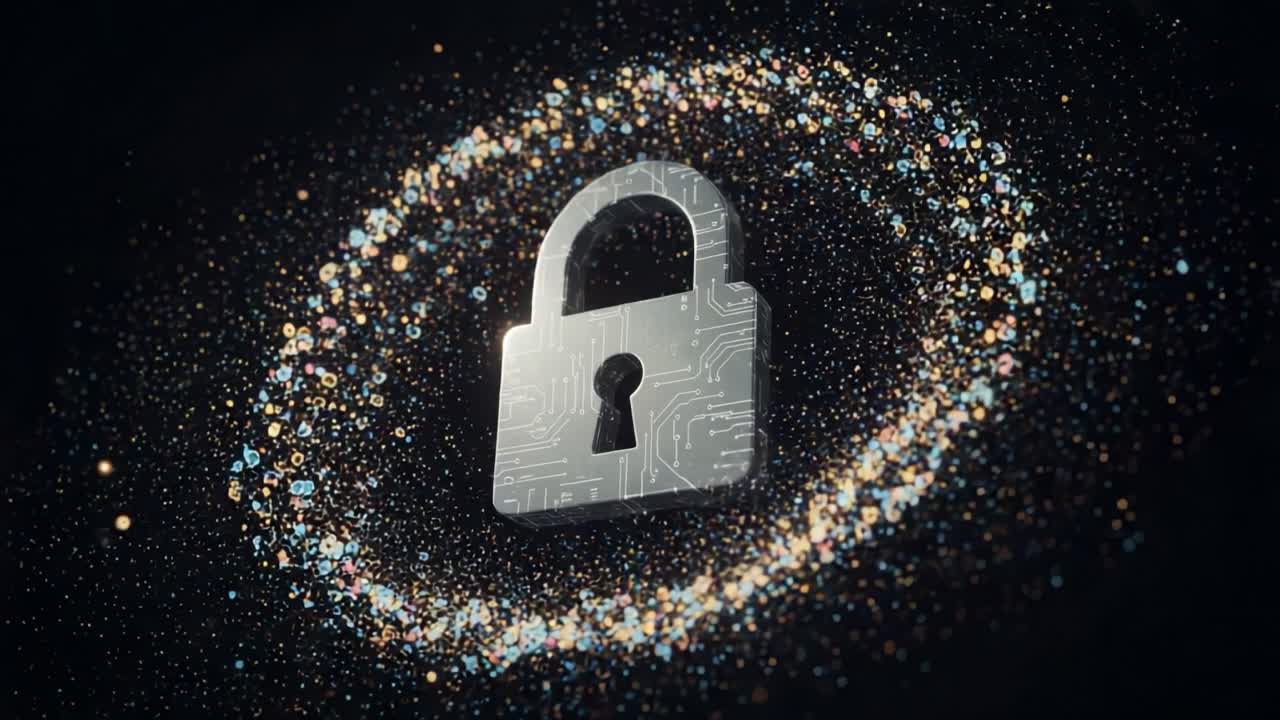 A mesmerizing visual representation of cybersecurity featuring a digital padlock at the center of a swirling galaxy of vibrant particles, symbolizing protection and encryption in the digital realm