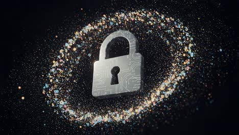 a mesmerizing visual representation of cybersecurity featuring a digital padlock at the center of a swirling galaxy of vibrant particles, symbolizing protection and encryption in the digital realm