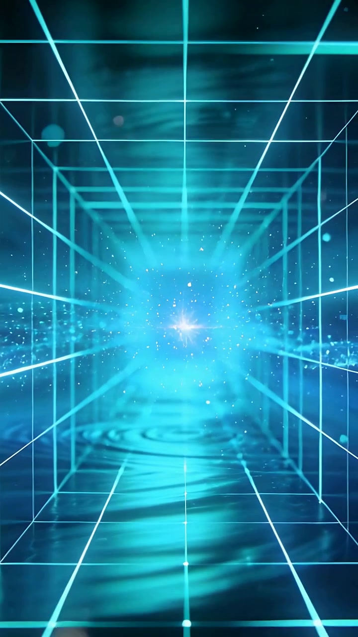 Vertical video: Surging particles igniting fog into core flare in cyan grid tunnel with ripples