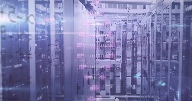 Animation of data processing and dna strand over server room