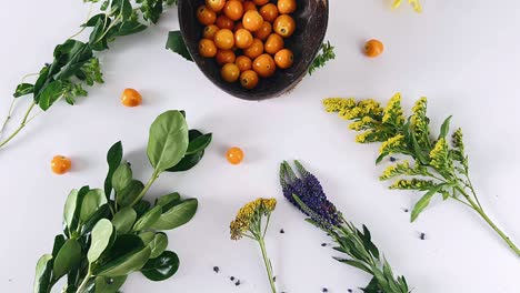 arrangement of fruits and flowers on white background