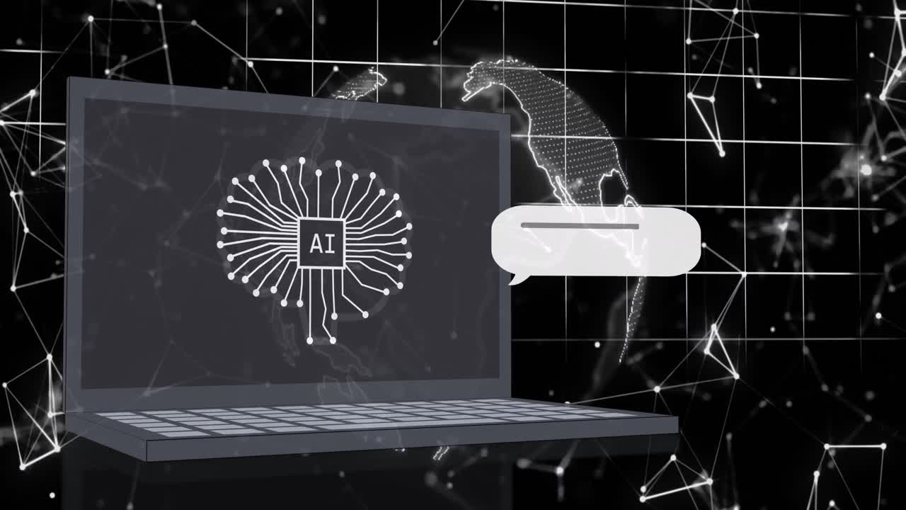 Animation of ai chat and data processing over laptop and grid