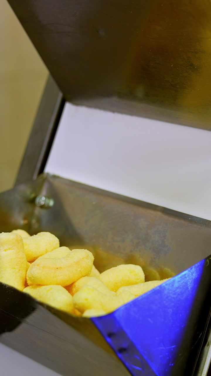 Metal pockets at conveyor belt filled with sweet corn sticks move up. Snack desserts manufacturing close up. Vertical video
