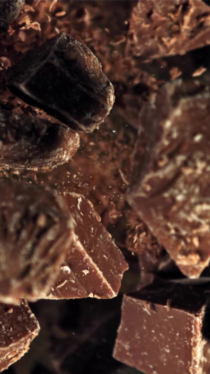 Close-up of Chocolate Pieces and Shavings Falling in Slow Motion
