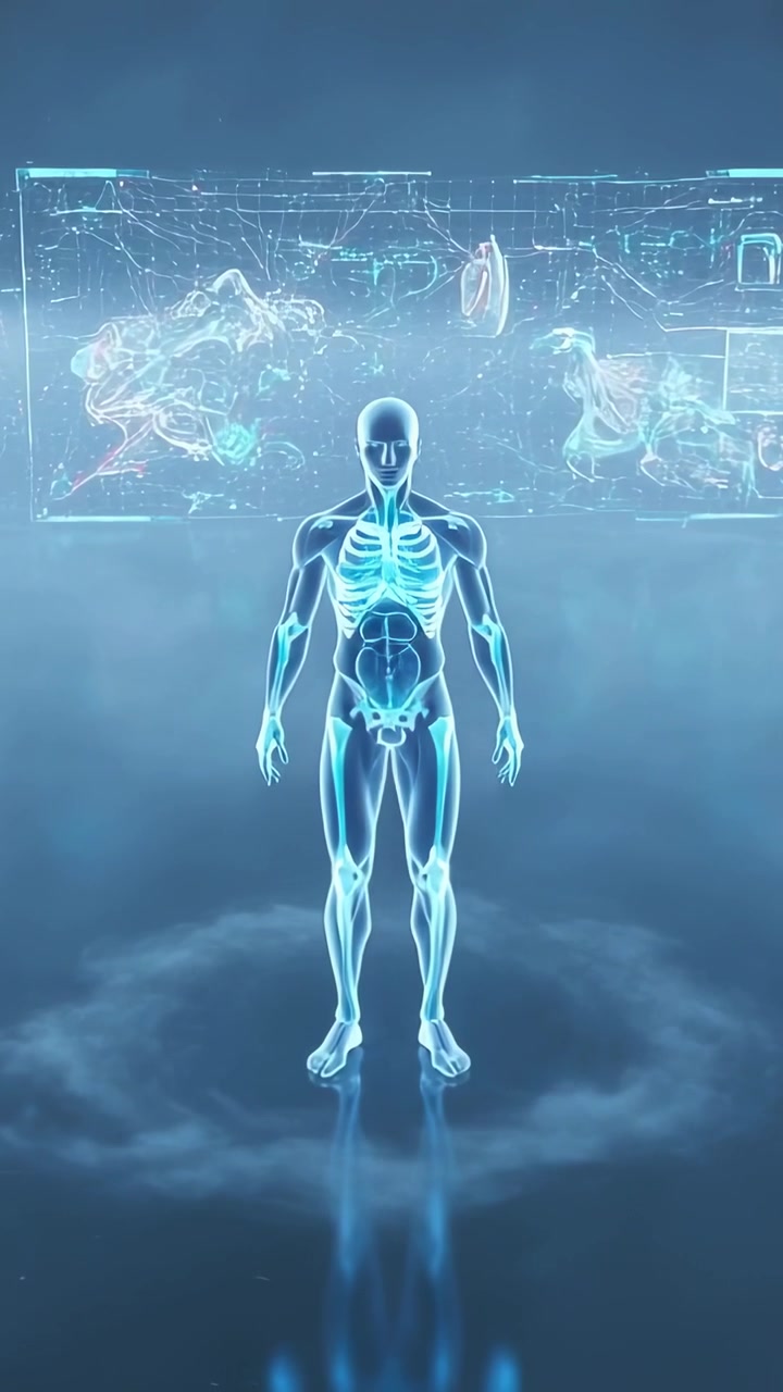 Vertical video: Lighting ring activating hologram, pulsing and displaying organs on panels for scan