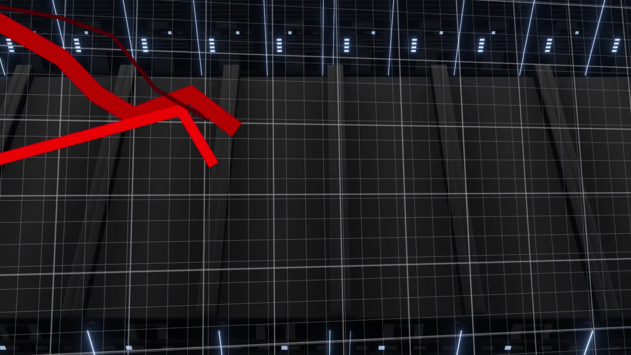 Animation of red lines and data processing over computer servers