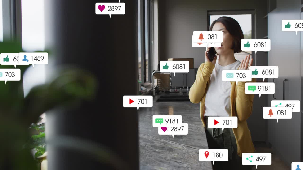 Middle-aged woman answering smartphone call as floating tech icons gathering and fading around her