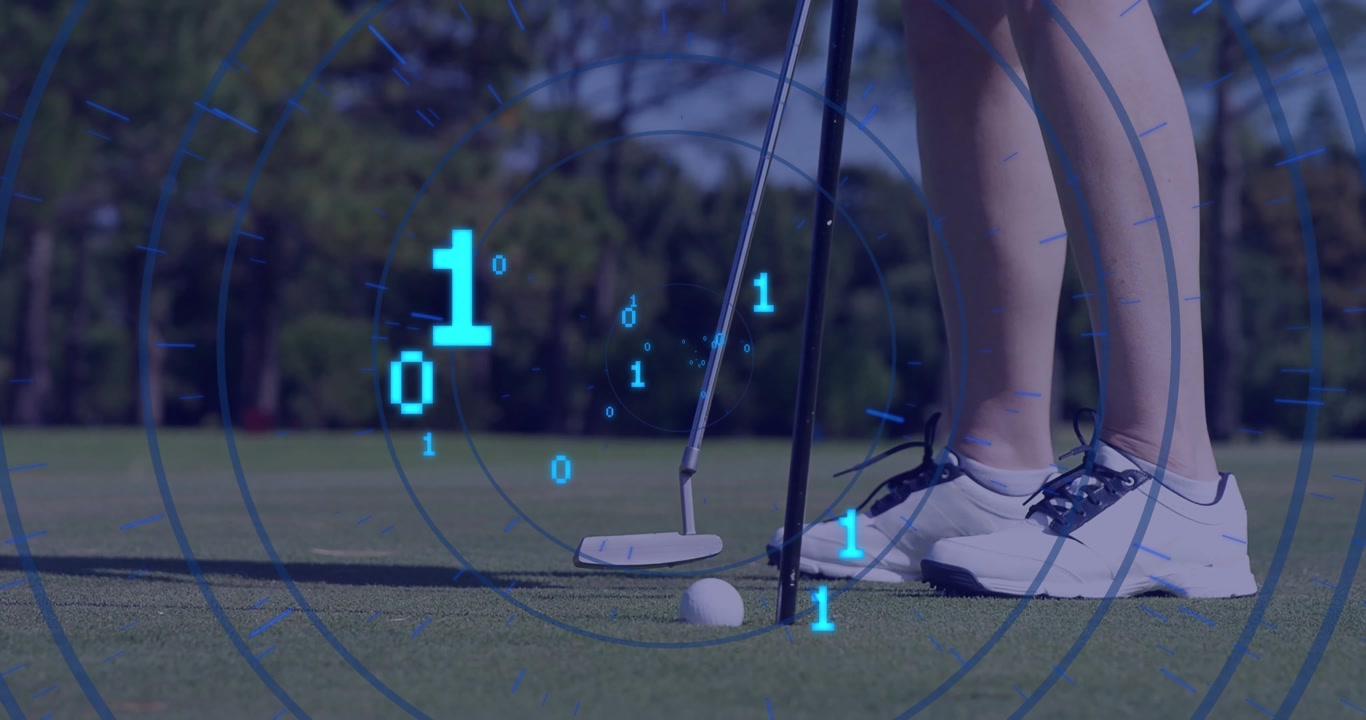 Rendering golfer legs standing on green, showing putter poised behind golf ball with binary overlay
