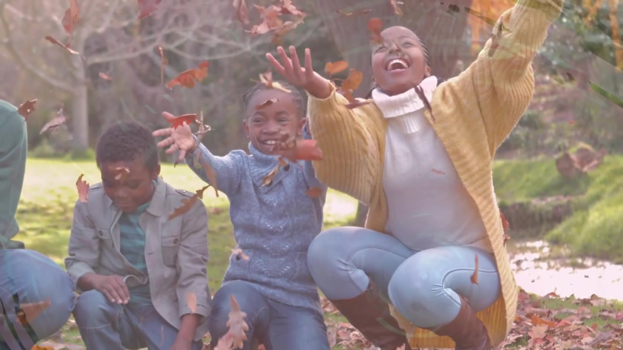 Animatie van vormen over een Afro-Amerikaanse familie in een park