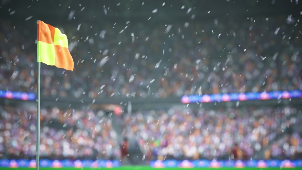 Animation of snowflakes falling on corner flag on frozen football stadium pitch