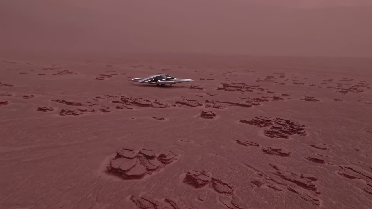 Astronave aliena atterra su un paesaggio marziano con tempesta di polvere