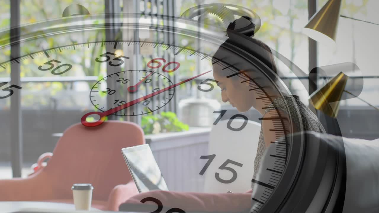 Woman starting productivity laptop session beside coffee, stopwatch overlay counting time for focus