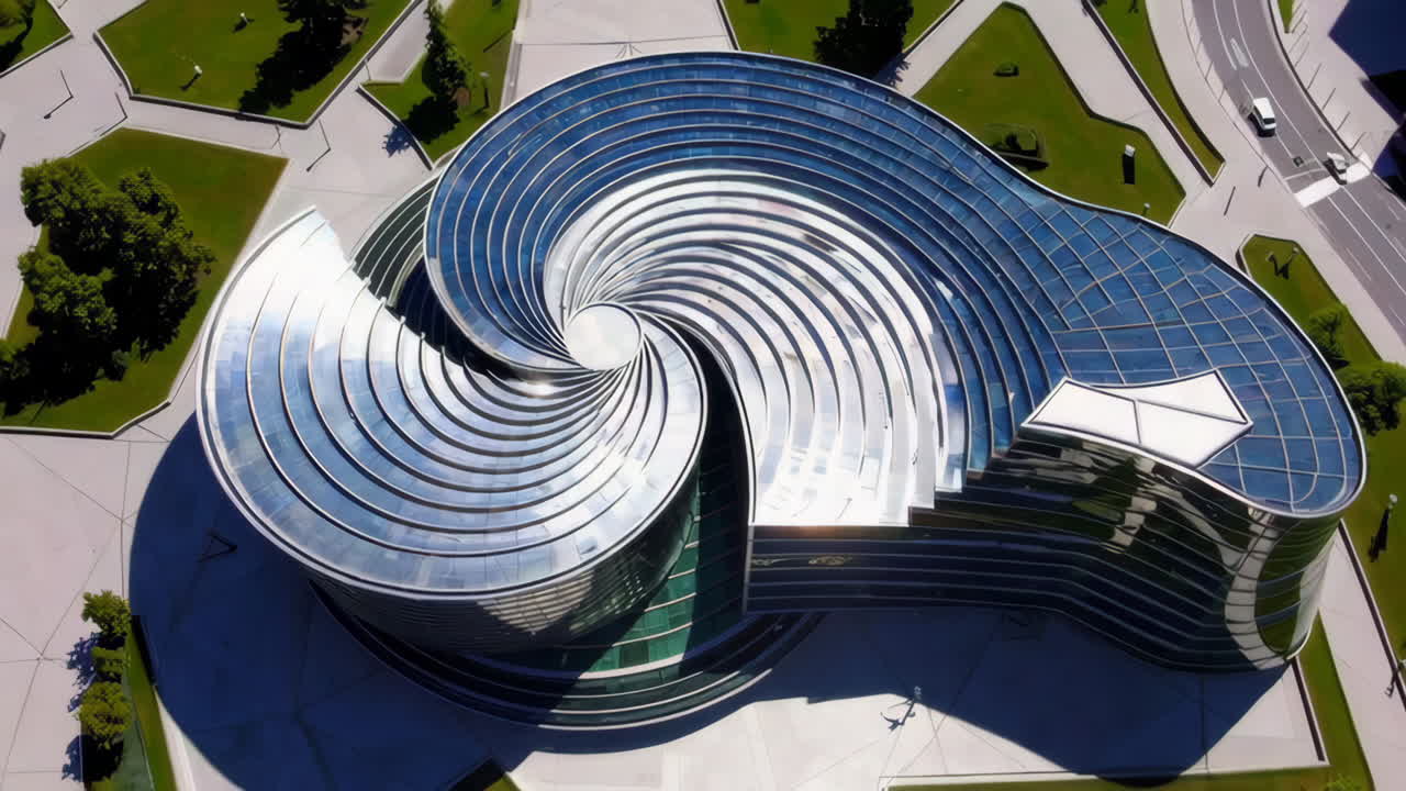 Aerial View of a Spiral Modern Office Building in a City Park