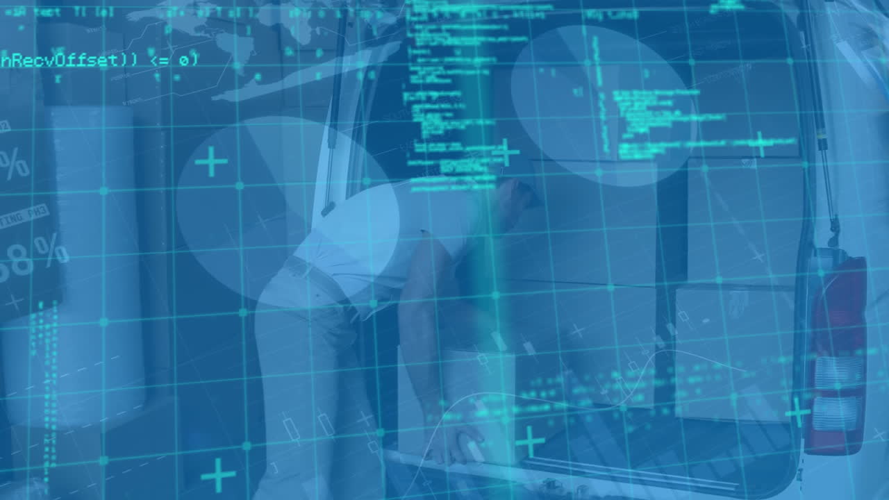 그의 밴에 배달 상자를 쌓는 백인 배달 남자에 대한 통계 데이터 처리