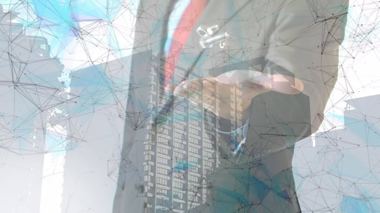 비즈니스맨이 도시를 가로질러 견과류와 볼트를 던지고 잡는 네트워크의 애니메이션