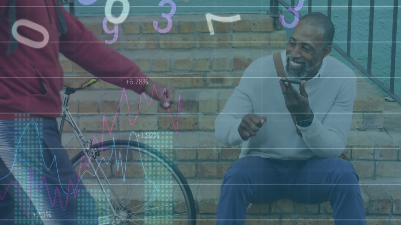 animación de procesamiento de datos estadísticos sobre un hombre afroamericano golpeando a un amigo en la calle