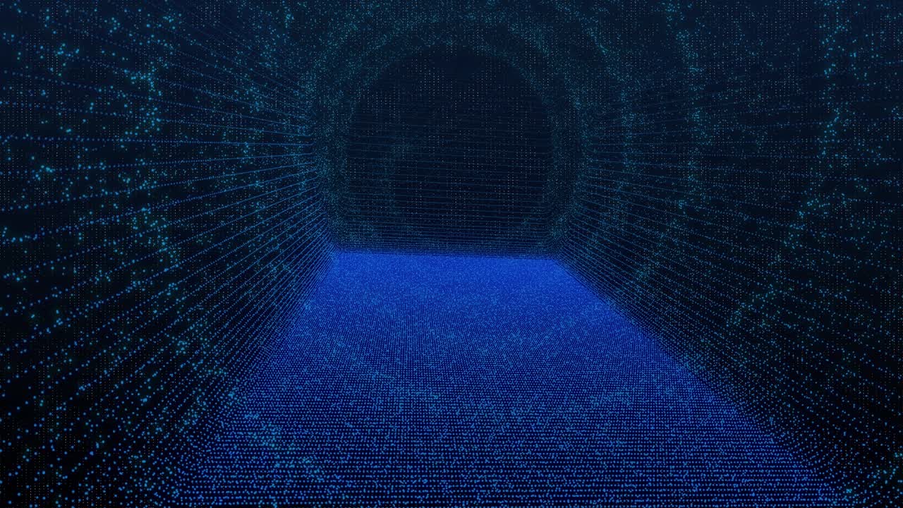4K footage blue technology fantastic magic tunnel swirl dust in space.