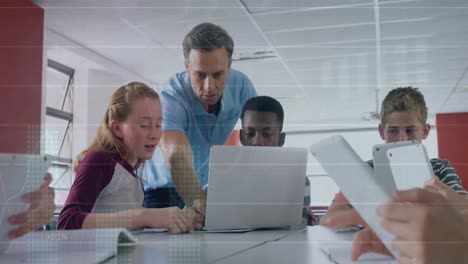 Animation of graph over caucasian male teacher and class of diverse pupils using laptop
