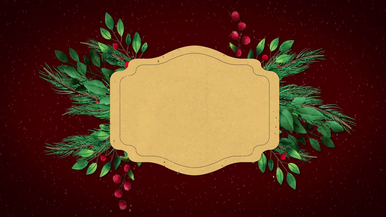 Animation of snow falling over tree branches over sign with copy space on red background