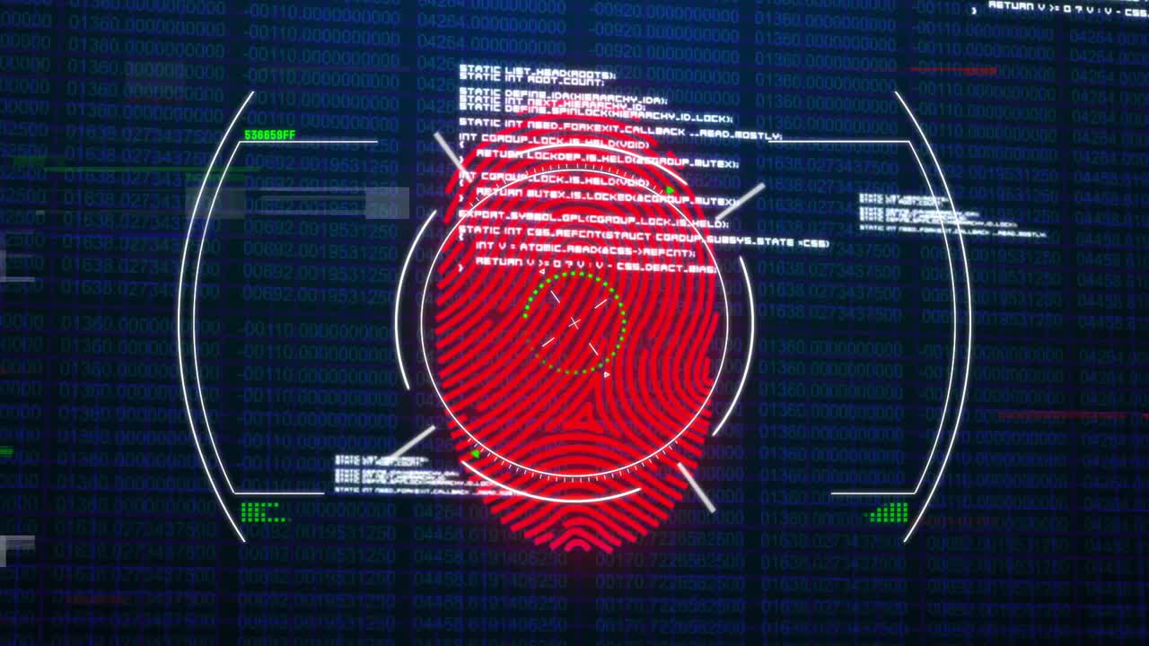 Fingerprint scanning and data processing animation over binary code background