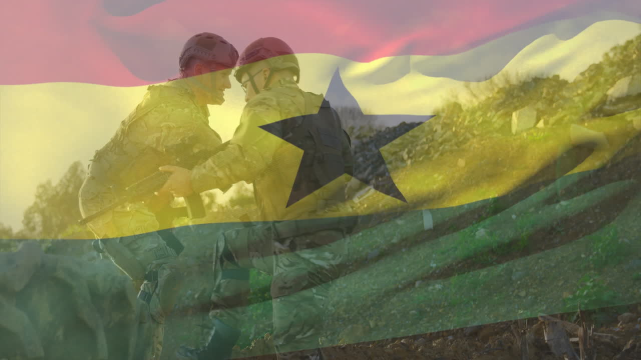 Over Ghana flag, soldiers demonstrating national defense and unity through animation