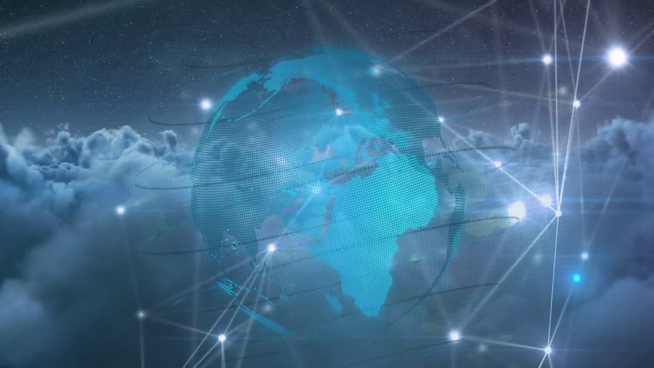 animación de la red de conexiones con el globo sobre el cielo con nubes