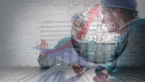 animation of globe formed with american dollar bills and data processing over diverse surgeons