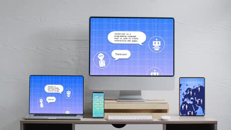 escritorio con dispositivos tecnológicos con chat digital y mapa del mundo en pantallas