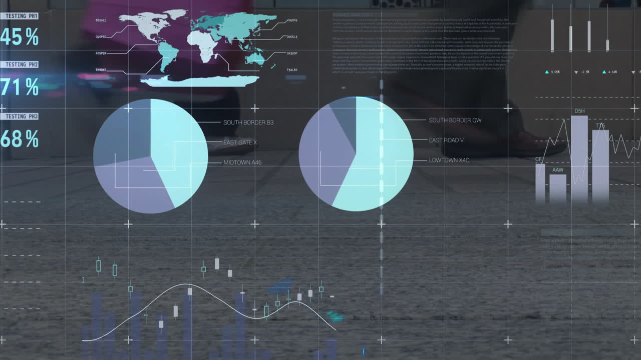 animación de diagramas, procesamiento de datos y mapa del mundo sobre personas que caminan