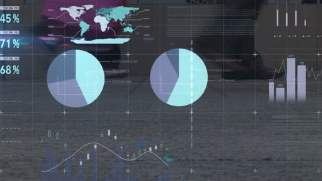 Animation-Eines-Diagramms,-Einer-Datenverarbeitung-Und-Einer-Weltkarte-über-Gehenden-Menschen