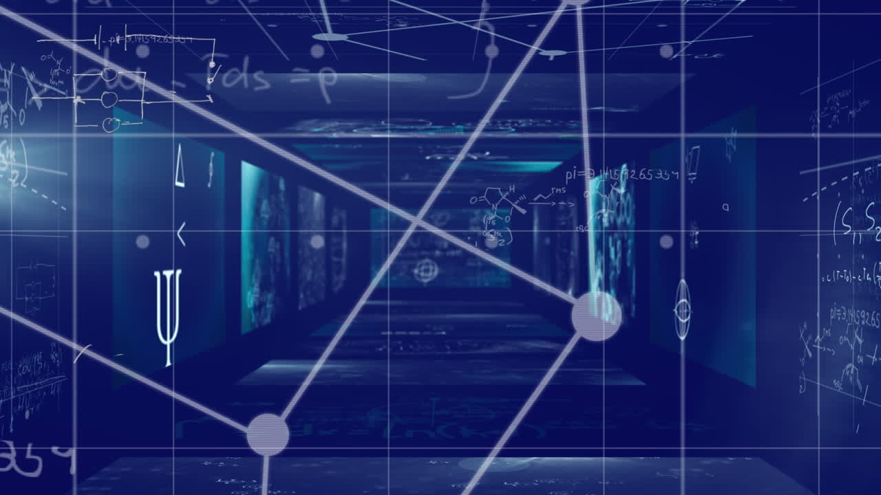 Animation of a moving square over mathematical equations floating on a grid and walls