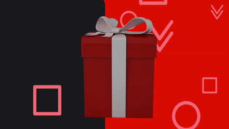 gift box with ribbon over red and black background with shapes animation