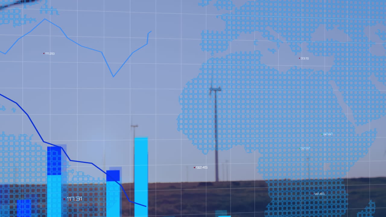 animación de estadísticas y procesamiento de datos financieros sobre el mapa del mundo, turbinas eólicas en el campo