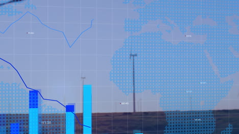 animation of statistics and financial data processing over world map, wind turbines in countryside
