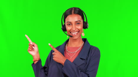 Pointing,-call-center-and-woman-on-green-screen