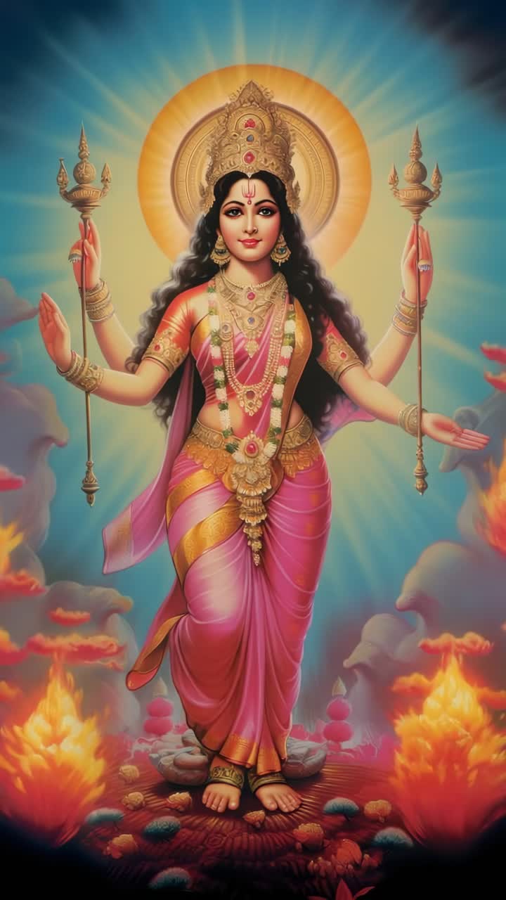 Vibrant depiction of a goddess with multiple arms, viewed from a low angle