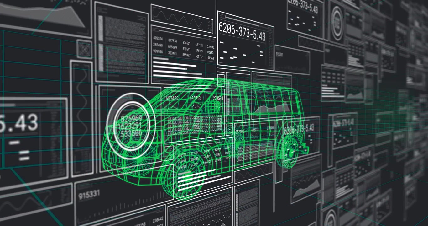 Groene wireframe bestelwagen wordt gescand terwijl een cirkelvormige HUD verschijnt en pulseert, en telemetrie bijwerkt.