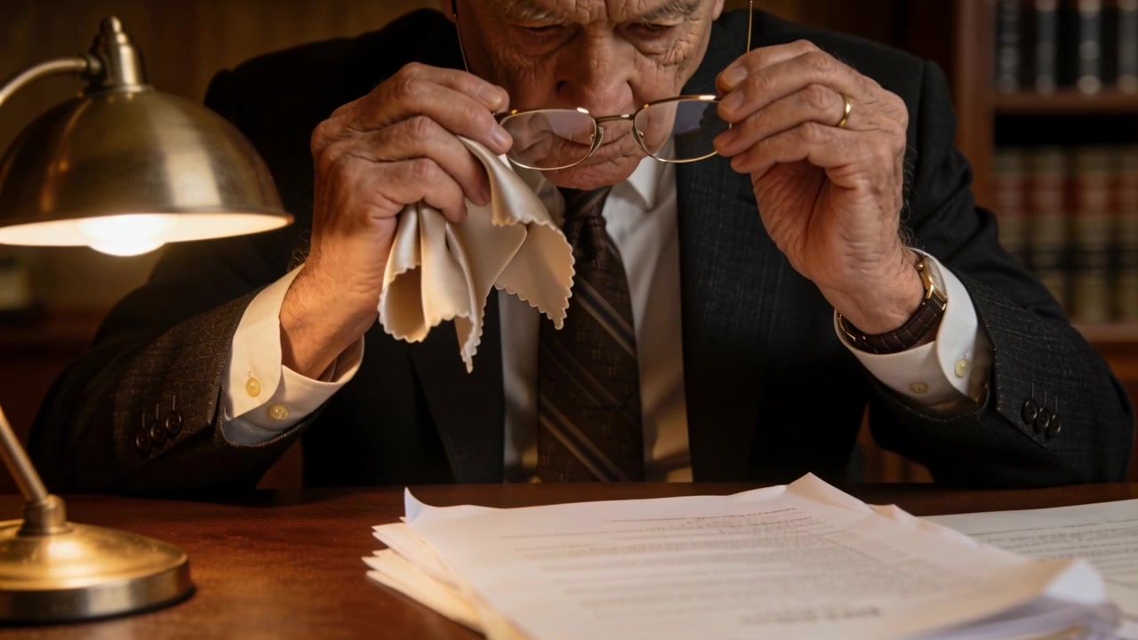 Anziano in abito scuro, con occhiali e panno, pulisce le lenti e legge documenti in un ufficio di biblioteca.